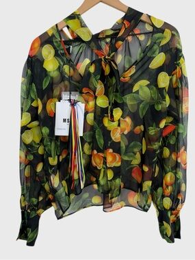 MSGM NWT Black Multicolor Fruit Sheer Tie Front Blouse Size 46